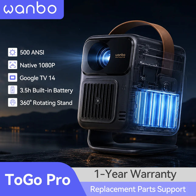 Wanbo Togo Pro Portable Projector,Built-in Battery(3,5h),500ANSI,Native 1080P,Google TV,Sealed Lens,for Outdoor Backyard Part
