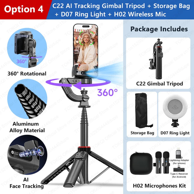 C22 AI Face Tracking Handheld Gimbal Stabilizer 360° Rotation Shoot Selfie Stick Tripod for Mobile Phone, 1/4'' Screw for Camera
