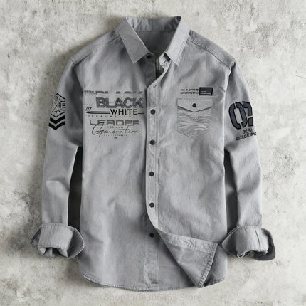 2026 Men's simple retro 10-color letter printed shirt long-sleeved lapel flap pocket business casual holiday party outdoor top‘s