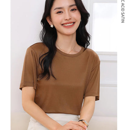 Summer Women's Short Sleeve O-Neck T-Shirt Knitted Acetate Fabric High-End Thin Pullover Top for Ladies