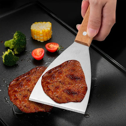 Stainless Steel Oblique Spatula Steak Burger Pancake Pizza Scraper Shovel Wooden Handle Barbecue Utensils Kitchen Cooking Tools