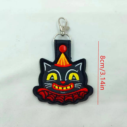 Vintage Halloween cute Black Cat - Embroidered Vinyl Keychain