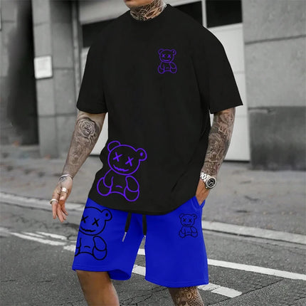 2024 Fun Bear Harajuku T-Shirt Men's Summer Loose Daily Couple Suit Outdoor Street Short Sleeve Shorts Two Piece Men Summer Suit