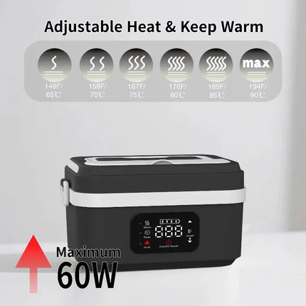 Portable Cordless Electric Lunch Box with 8000mAh Battery, 60W Fast Heating, 6 Temp Levels, 1L Capacity, USB-C, Food Warmer