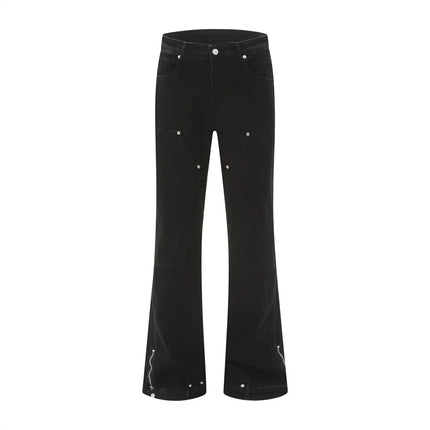 Double Knee Denim Flare Pants Mens Retro High Street Spring Loose Pocket Washed Distressed Carpenter Jeans Men
