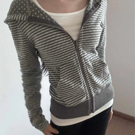 American Streetwear Striped Hooded Sweatshirt Autumn New Slim Fit Short Cardigan Fashion Casual Long Sleeve Coat Women