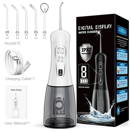 Electric Oral Irrigator 8 Modes Portable Water Flosser Rechargeable Waterproof Mouth Washing Machine 5 Jet Tips 400ML Water Tank