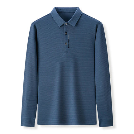 Men's Waffle Long-Sleeved Polo Shirt with Letter-Printed Lapel Casual Top