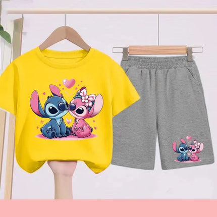Kids Disney Stitch Print Summer Cute Breathable Tees + Shorts 2pcs 3-12 Years Boy Girls Round-neck Set Children Leisure Clothing