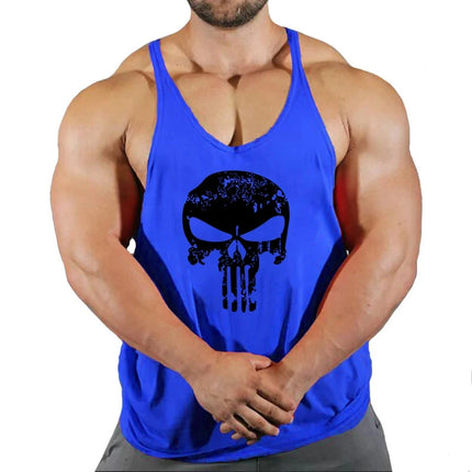 Mens Bodybuilding Faux Cotton Tank Top Gym Fitness Sports Sleeveless Top Skull Print Breathable Tank Top Mens Summer Tank Top