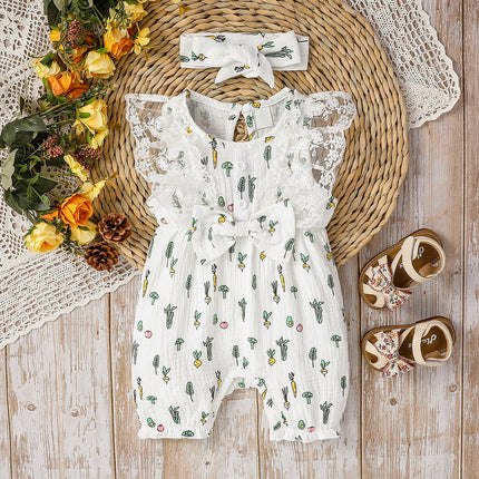 Girls Summer Sleeveless Lace Cotton Baby Bow Jumpsuit - Casual Cute Print With Plants