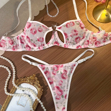 French Romantic Pink Rose Print Sheer Mesh Lingerie Set Heart Cutout Underwire Bra & Thong