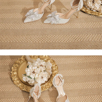 Spring Pointed Toe Party Wedding Shoes for Women, Bride Bow Thick Heel Silver Sequin Fairy Lolita Style Single Shoes
