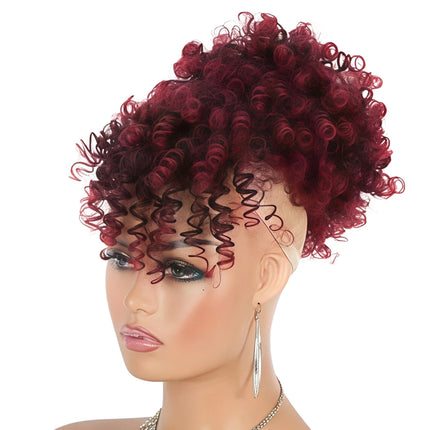 Short Curly Afro Puff Drawstring Ponytail, Ombre Burgundy Synthetic Hair Bun with Bangs, Kinky Curly Updo Hairpiece for Women