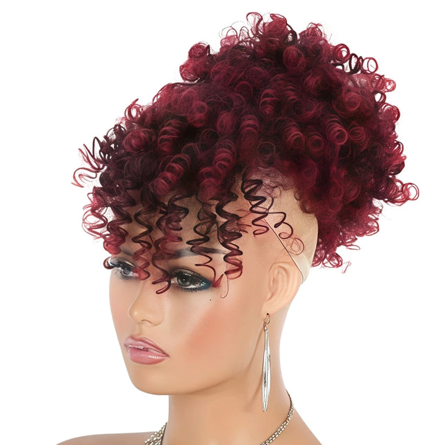 Short Curly Afro Puff Drawstring Ponytail, Ombre Burgundy Synthetic Hair Bun with Bangs, Kinky Curly Updo Hairpiece for Women