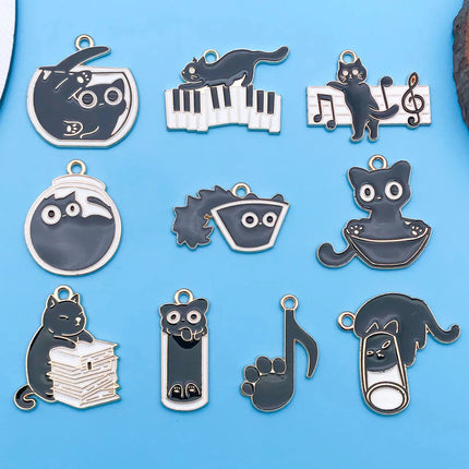 10pcs/Lot Music Cartoon Cute Black Cat Charms Cartoon Enamel  Pendants For DIY Jewelry Making Handmade Decoration Accessories
