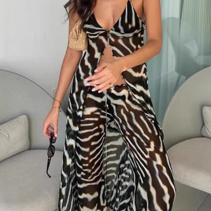 Sexy V-neck Camisole Top and Long Pants  Beach Outfit Chiffon Loose Casual Suits Stripe Printed Vacation Women's Two Piece Set