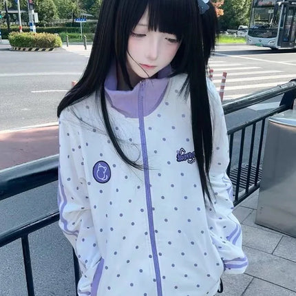 Cute Dot Sweet Sweatshirts Women Loose Cartoon Striped Kawaii Hoodies Japan Long Sleeve Stand Collar Preppy Style Outwear Tops