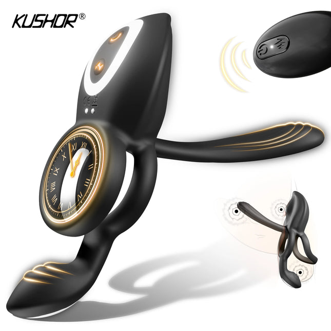 Kushor 4-in-1 Vibrating Cock Ring Vibrator Penis Ring G-Spot Clit Stimulator Men Ejaculation Delay Remote Control Couple Sex Toy