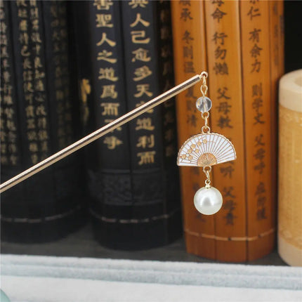 Chinese Japanese Metal Hair Sticks With Tassels Exquisite Imitation Pearl Alloy Fan Pendant Hair Pins Clips Bun Maker Gifts