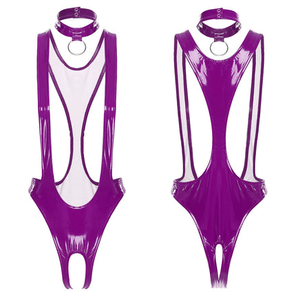 Womens Glossy Patent Leather Bodysuit and Choker Open Crotch Monokini Sling Leotard Swimwear with O-ring Clubwear Nightwear