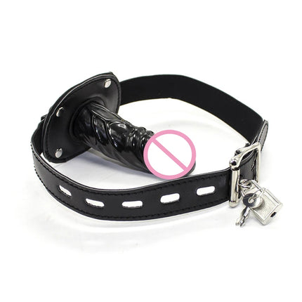 PU Leather Headgear Hood Dildo Open Mouth Oral Gag Bite Silicone Penis Plug Lockable Harness BDSM Bondage Adult Playing Sex Toy