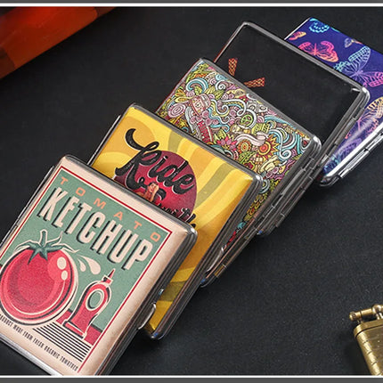 Creative Cigarettes Case Hold 20 Sticks Printed Leather Cigarette Case Smoking Box Sleeve Pocket Tobacco Pack Women Girls Gift