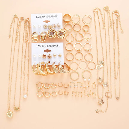 68 Pcs Boho Chic Jewelry Set Vintage Heart Pearl Zircon Butterfly Pendant Earrings Ring Necklace For Women Daily Wear Gifts 2024