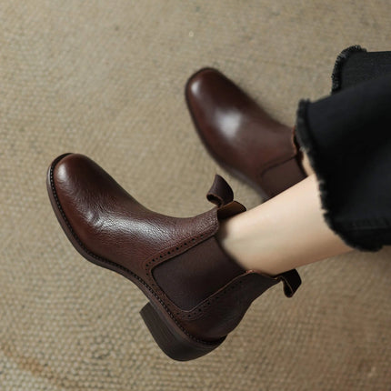 Krazing Pot Big Size 34-43 Cow Leather Round Toe High Heels Retro Modern Chelsea Boots Warm Winter Shoes Motorcycles Ankle Boots