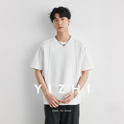 Men's Heavyweight 240g Stitch Trim Split Short Sleeve T-shirt 2026 Summer Crew Neck Loose Drop Shoulder Casual Versatile Top