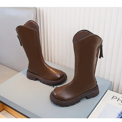Children Knee Length Boots New 2025 Autumn Student Girls Princess Boots Kids Zipper Comfortable Non Slip Solid Color Long Boots