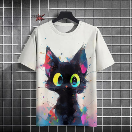 Japanese Ukiyo-E Cute Cat Pattern Round Neck Men's Short Sleeved Daily Oversized T-Shirt Harajuku Y2k T-Shirt T-Shirt Men Top
