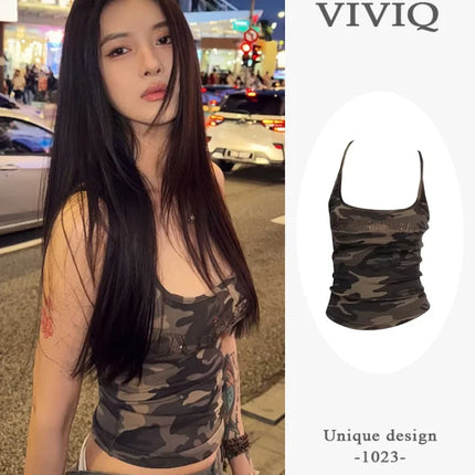 American Retro Camouflage Svel Strap Vest Women Summer Sexy Spicy Slim Fit Outerwear ort Versatile Small Top