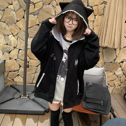 Y2k Kawaii Japanese Cartoon Long Sleeve Zipper Hooded Sweatshirts Subculture Loose Casual Hoodies Women Tops 2000s Vintage Chic