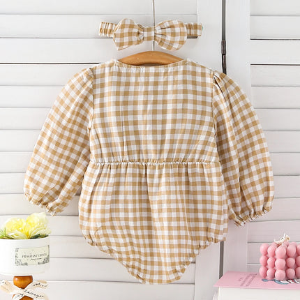 Baby girl baby fashionable fake collar embroidered round neck long sleeved plaid triangle jumpsuit (including headband)