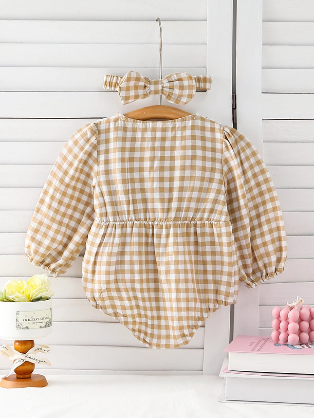 Baby girl fashionable fake-collar embroidered round-neck long-sleeved plaid triangle jumpsuit (including headband)