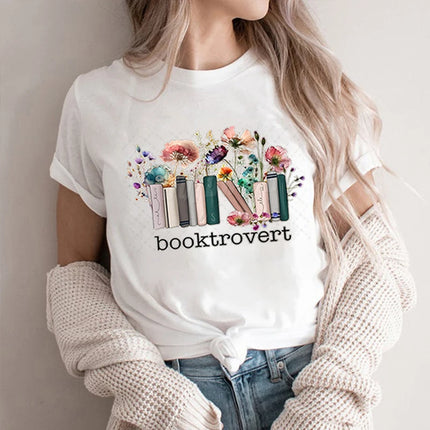 Booktrovert Fashion Casual T-shirts Funny Book Lover Summer Short Sleeve Tee Trendy Vintage Bookish Flower Classic Tops Clothes