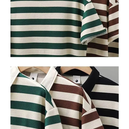 Japanese Sle Striped  irt ort Sve Loose Casual Loose Collar Base irt Heavy T-irt Trendy Brand Breathable