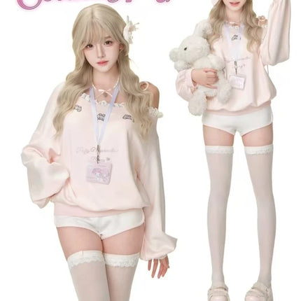 Japanese Kawaii Pink Sweatshirt Women Off Shoulder Lace Bow Long Sleeve Top Sweet Girl Design Fashion Soft Cute Casual Pullover