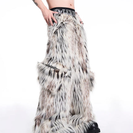 Mauroicardi Autumn Winter Long Colorful Thick Warm Hairy Fluffy Faux Fur Wide Leg Pants Men Pockets Runway Fashion Streetwear