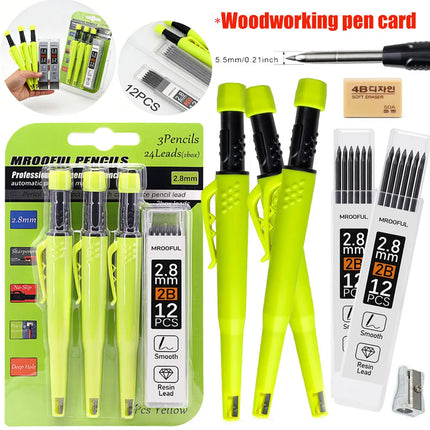 Carpenter's Pencil Card Set, Deep Hole Marking And Drawing, With 2.8mmLeads,Pencil Sharpener,For Carpenter Woodworking Architect