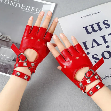 Punk Style Willow Nail Leather Half Finger Gloves for Women Cool Sexy Rock Dance Gloves Sexy Wrist Wrapping Hollow Gothic Gloves