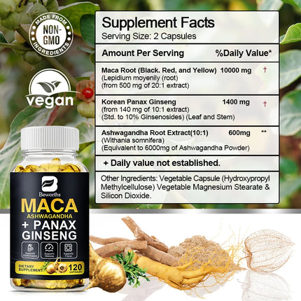 BEWORTHS Nature Original Ginseng & Maca Root Extract Edible Energy Vegetarian Capsules for Men and Women Health Harmonious