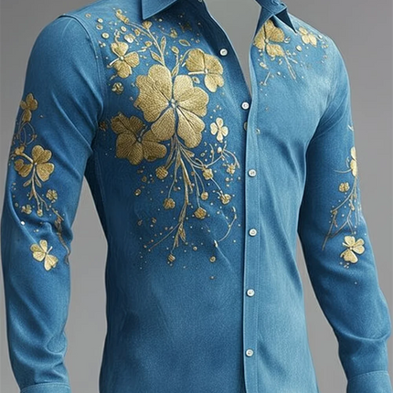 New men's 3D clover printed long sleeved shirt with high-quality pattern casual long sleeved collar top
