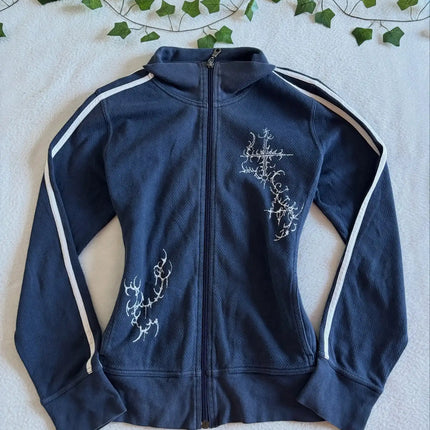 Y2K Striped Embroidered Jacket Harajuku Classic Retro Navy Blue Collared Zip Up Hoodie Goth Geometric Print Slim Fit Sweatshirt