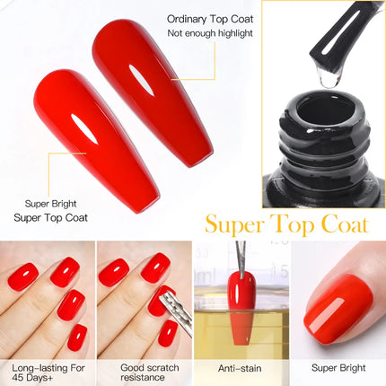 8ml Glass Super Top Coat Nail Gel Long-Lasting Shine for 45 Days+ LED Curing No-Wipe Ultra Bright Durable Wear Resistant Vernis