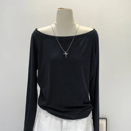 One Shoulder Cotton Slant Shoulder Long Sleeve Women's Interior-Style Wide Truffle Shoulder Base Autumn Winter Shirt