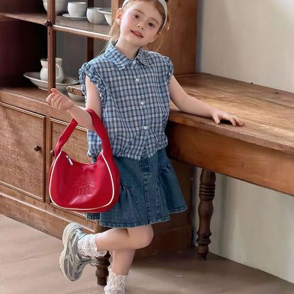 2-7Y Summer Casual Children Sleeveless Blouse Blue White Plaid Girls Ruffle Style Shirt Lightweight Breathable Kids Clothes