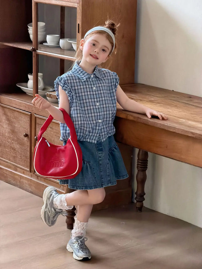 2-7Y Summer Casual Children Sleeveless Blouse Blue White Plaid Girls Ruffle Style Shirt Lightweight Breathable Kids Clothes