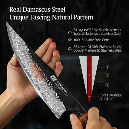 XINZUO 1-6-Piece Damascus Knife Set 67-Layer Steel White Oak Red G10 Handles Paring Utility Cleaver Santoku Bread Knife